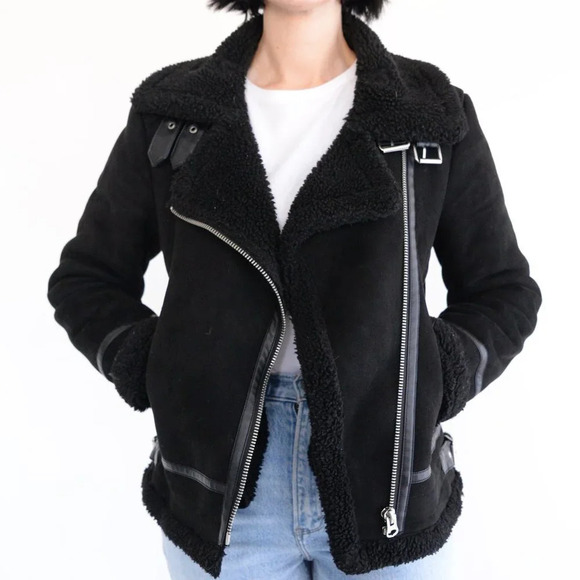 Zara Black Faux Shearling Bomber  Moto Jacket Small - Picture 2 of 16